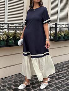 DAZY Contrast Color Patchwork Round Neck Casual Loose Maternity Long Dress With Short Sleeves, Spring/Summer Sun Dresses For Women - Navy Blue - View 3