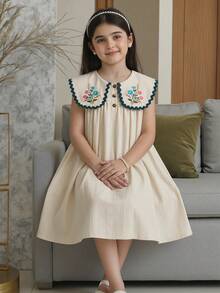 Emery Rose Kids Tween Girl Pastoral Floral Embroidered Floral Pattern Collar Dress - Apricot - View 5