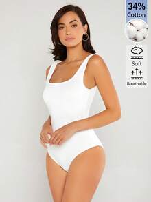 SHEIN BASICS 女士纯色时尚百搭方领连体衣 - 白色 - 查看 3