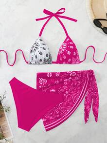 Swim Vcay Plus Size Women 3pcs Halter Backless Printed Bikini Set With Mesh Short Apron, Vacation Swimwear - Multicolor - View 1