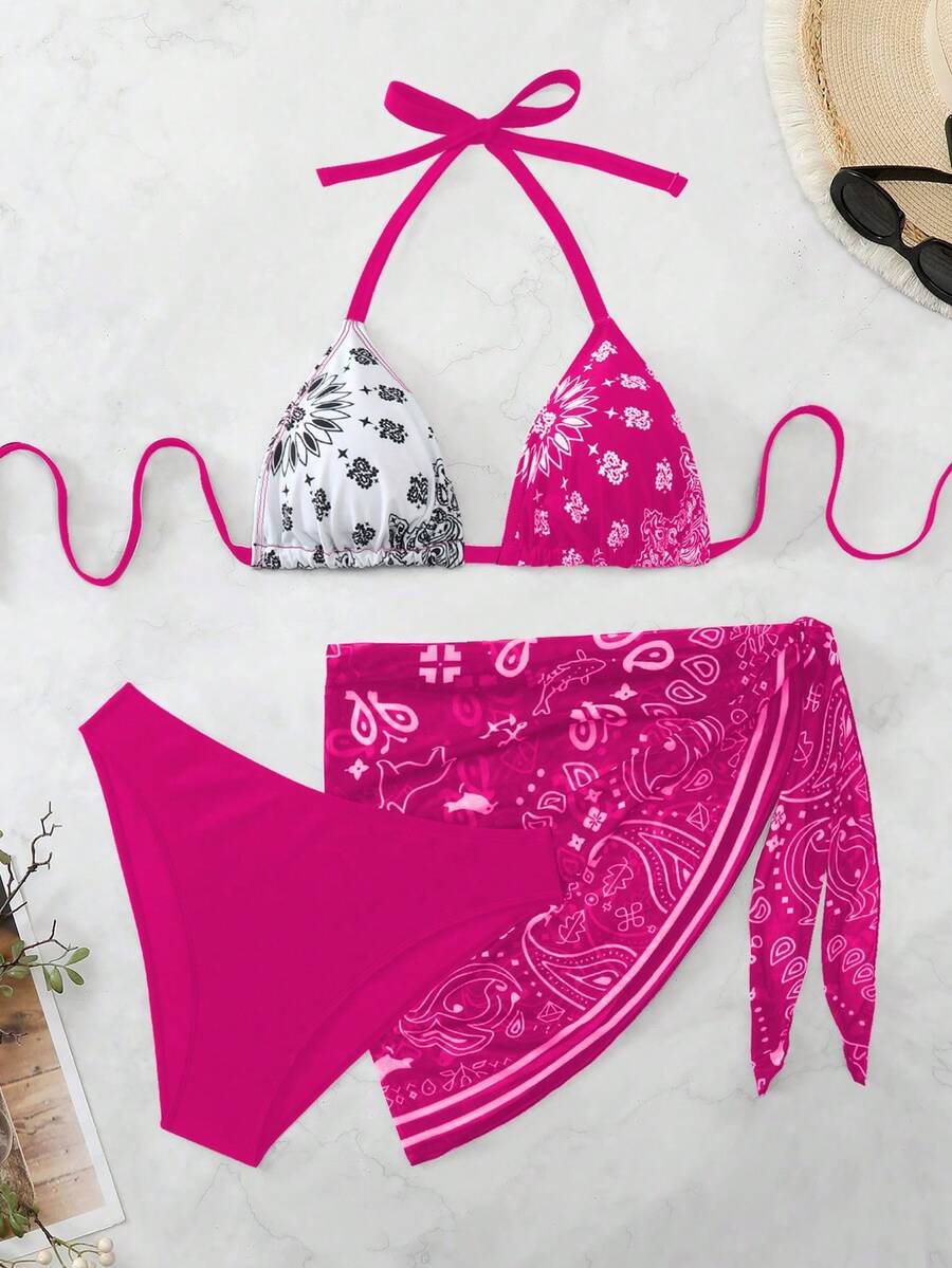 Swim Vcay Plus Size Women 3pcs Halter Backless Printed Bikini Set With Mesh Short Apron, Vacation Swimwear - Multicolor - View 1