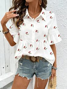 SHEIN Holidaya 女士新款夏季清新白领衬衫，樱桃印花，褶裥喇叭袖，宽松版型，休闲百搭，适合通勤、度假、户外活动 - 白色 - 查看 5