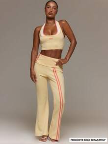 MUSERA Quần ống loe ôm sát, cạp gập, logo, chi tiết sọc đôi bên hông, quần legging, quần phối đồ, chỉ có phần dưới, dễ thương, mặc hàng ngày, đi chơi, sân bay, kỳ nghỉ, mùa hè, mùa xuân, phong cách sống ở vùng cao. - Vàng nhạt - Xem 1