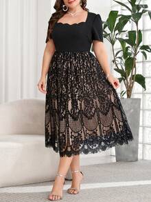 Reflora Vestido elegante de mujer talla grande con escote cuadrado y ribete de concha - Negro - Ver 6