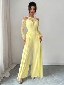 Modelyn Lace Patchwork Long Sleeve Off-Shoulder Sequin Elegant Jumpsuit For Women Party Pale Yellow Summer - Yellow - View 6