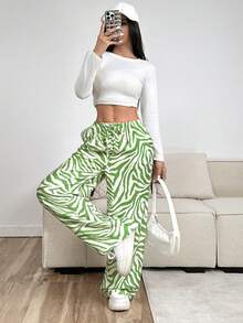 SHEIN Tall CURVE 大码女式豹纹字母贴花口袋阔腿休闲裤 - 綠色 - 查看 6