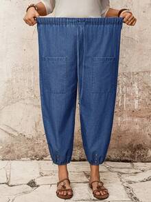 EMERY ROSE Mature Denim Plus Size Women Belted Pocket Design Tapered 3/4 Length Jeans - Medium Wash - View 6