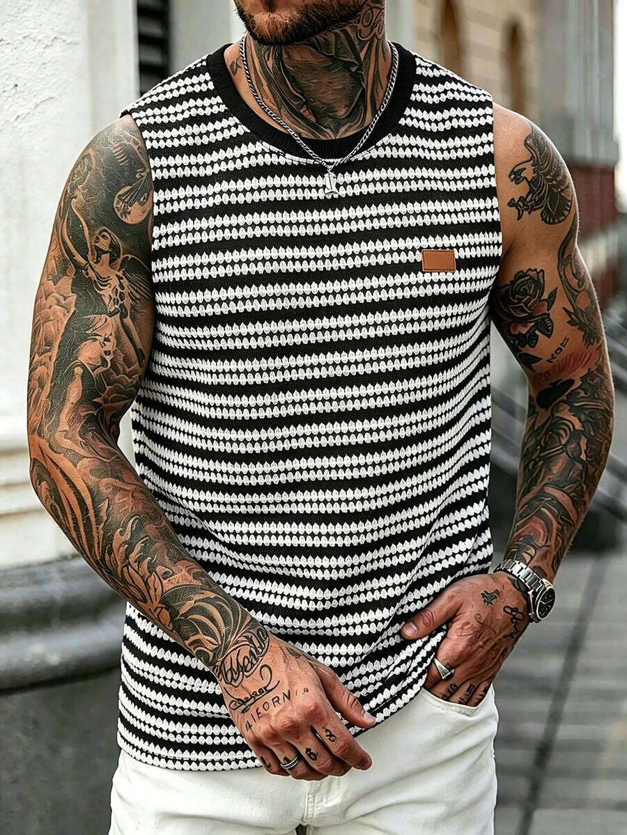Manfinity CasualCool 男士黑白條紋夏季休閒無袖背心,針織背心街頭風,城市度假老錢風,復古羅紋上衣 - 彩色 - 查看 1