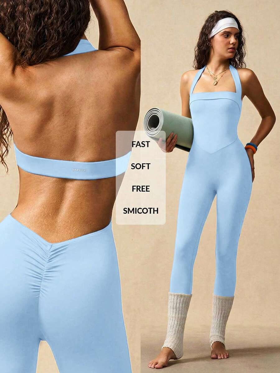 VARSIVA Solid Color Backless Halter Neck Fitted Jumpsuit - Blue - View 1
