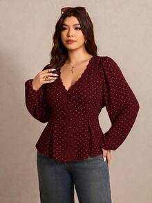 Elaquor Plus Size Women Polka Dot & Contrast Lace V-Neck Blouse Fall - Red - View 4