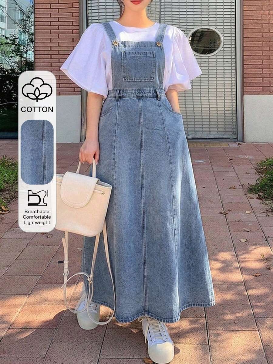 Dazy Plus 大尺碼女款休閒百搭牛仔吊帶裙,附口袋,適合日常穿著的陽光裙,可愛上衣 - 淺色水洗藍 - 查看 1