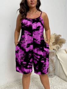 Ceyna Plus Size Summer Casual Tie-Dye Spaghetti Strap Jumpsuit With Side Pockets - Purple - View 1