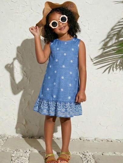 SHEIN Young Girl Cute Tropical Print Halter Backless High-Low Dress, Suitable For Summer & Vacation