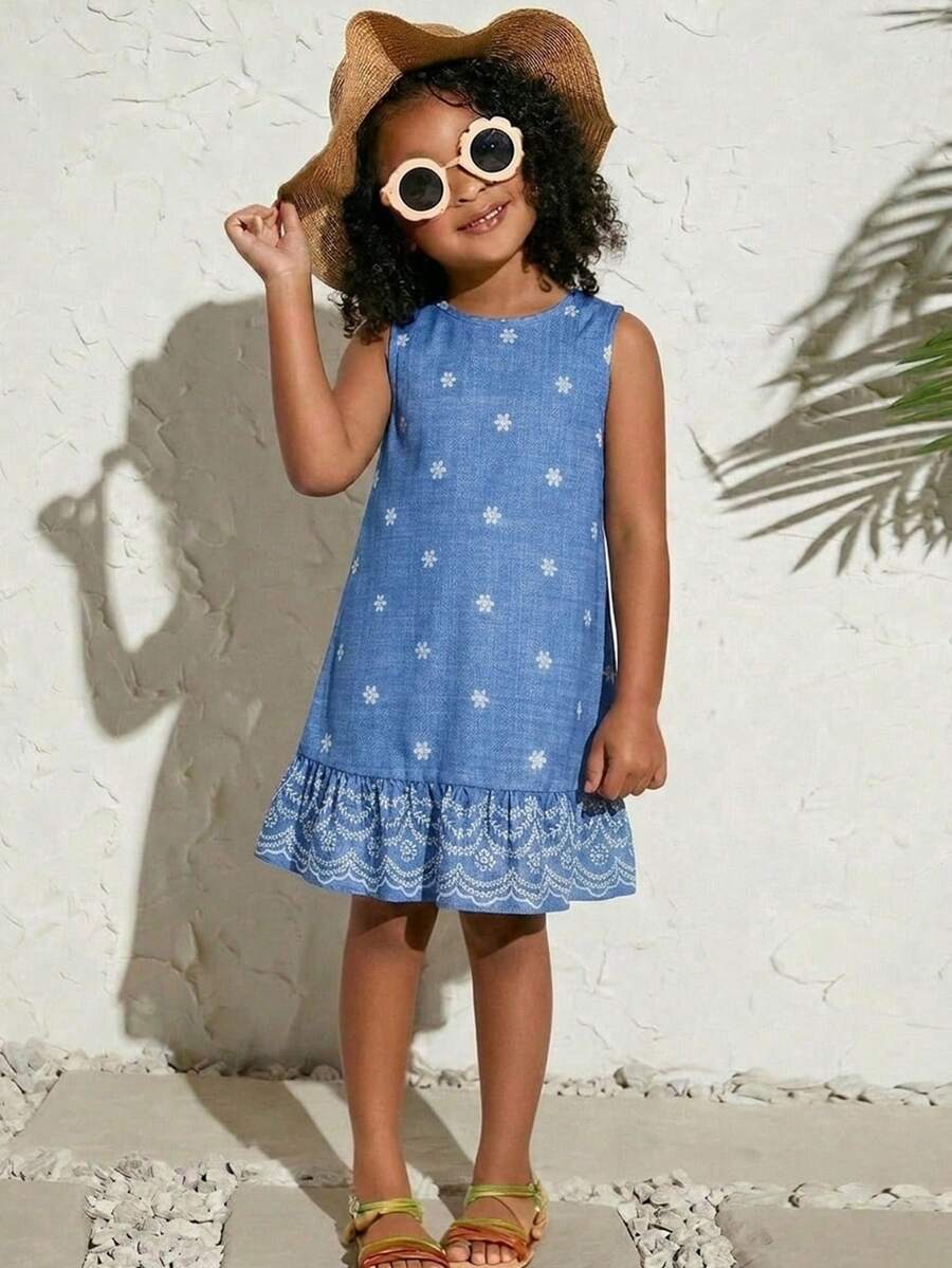 SHEIN Young Girl Cute Tropical Print Halter Backless High-Low Dress, Suitable For Summer & Vacation - Blue - View 1