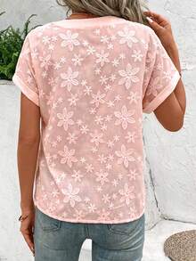 EMERY ROSE Women's Floral Embroidery V-Neck Short Sleeve Casual Shirt - Pink - View 2