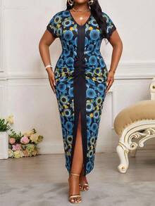 SHEIN Lady CURVE Đầm ôm dáng xẻ tà, họa tiết in toàn thân, cỡ lớn, thanh lịch, thích hợp cho mùa hè. - Nhiều màu - Xem 5
