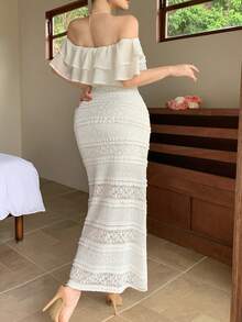 DAZY Đầm midi trễ vai thanh lịch, thoải mái, chất liệu có họa tiết, dành cho nữ, thích hợp cho mùa xuân và mùa hè. - Pearl White - Xem 2