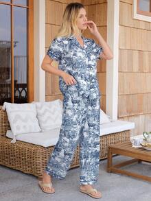 Doze Lane Bubble Wrinkle Print Lapel Short Sleeve Pajama Set - Blue and White - View 3