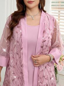 Reflora 2pcs Plus Size Sequin Embroidery Mesh Patchwork Jacket And Dress Set - Pink - View 2