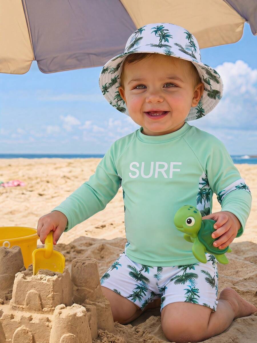 Conjunto de camiseta anti-salpicaduras para bebé niño - 2 piezas UPF 50+ Camisa de manga larga para nadar y bañador de verano Vacaciones Térmica Camiseta anti-salpicaduras para bebé niño Camiseta anti-salpicaduras de manga larga para niño pequeño Camisa de natación para niño pequeño Ropa de playa para bebé niño y niño pequeño Camiseta anti-salpicaduras - Multicolor - Ver 1