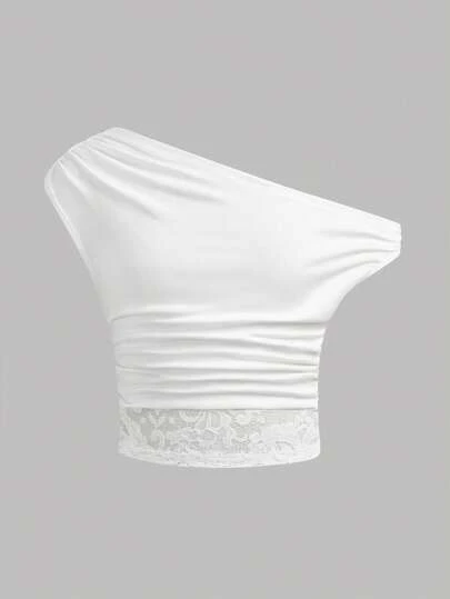 Girlism Tween Girls' Spring/Summer New White Knit Contrast Lace Elegant Casual Minimalist Asymmetric Ruched Cropped Top, Suitable For Spring/Summer, Casual, Stylish Outfit