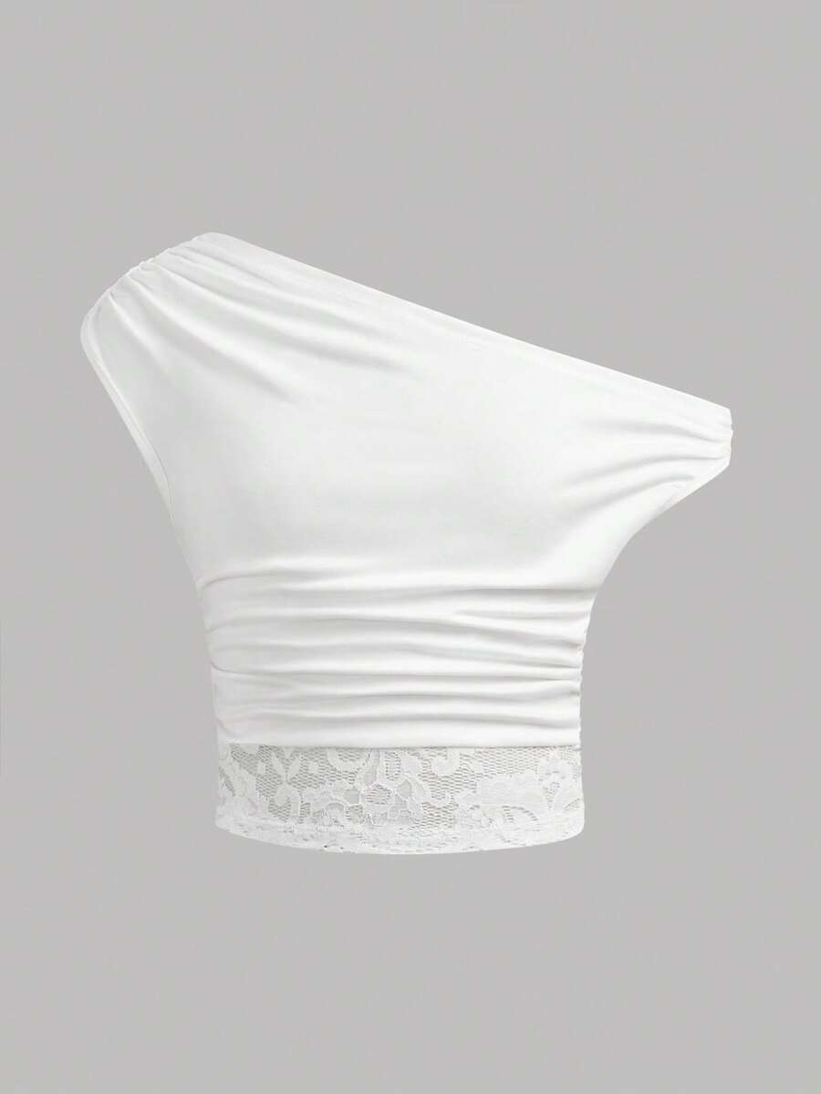 Girlism 少女春夏新款白色针织撞色蕾丝优雅休闲简约不对称褶皱短款上衣,适合春夏穿着,休闲时尚。 - 白色 - 查看 1