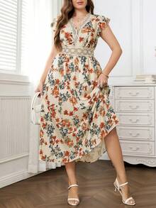 SHEIN Clasi Plus Size Elegant Floral Print Lace Patchwork Dress, Summer - Multicolor - View 1