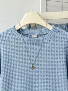 SHEIN 少女纹理圆领短袖休闲T恤，简约家居休闲服 - 藍色 - 查看 4