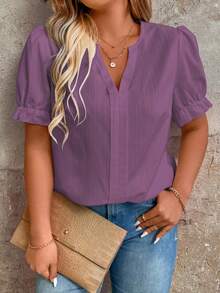 SHEIN Clasi Plus Size Summer Casual Solid Color Notched Neck Shirt - Purple - View 5