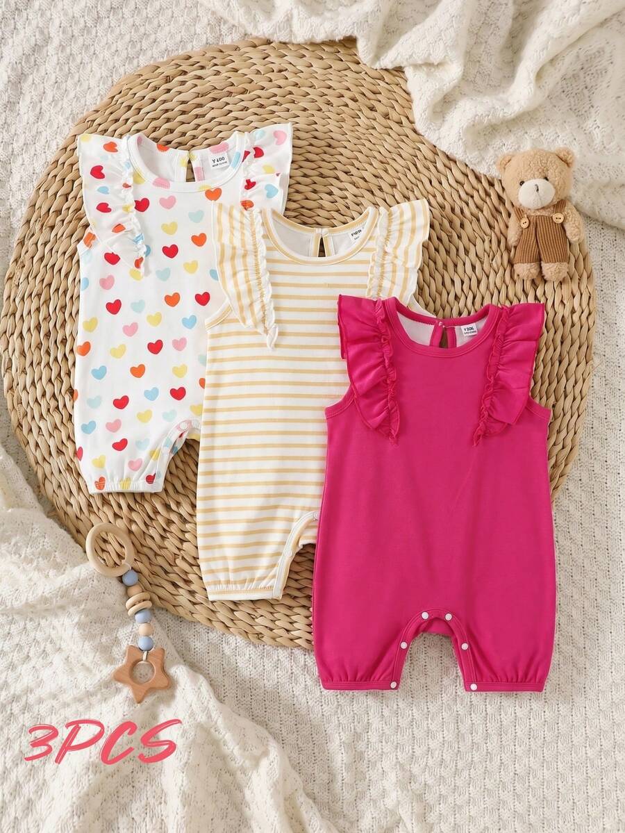 SHEIN Playful Pals 3件套女婴碎花荷叶袖连体衣套装,夏季休闲舒适可爱连体裤套装,适合外出穿着 - 彩色 - 查看 1