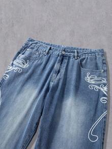 Manfinity Roghcode Quần jean denim nam in họa tiết, kiểu dáng thường ngày, đã qua xử lý. - Màu xanh lam - Xem 6
