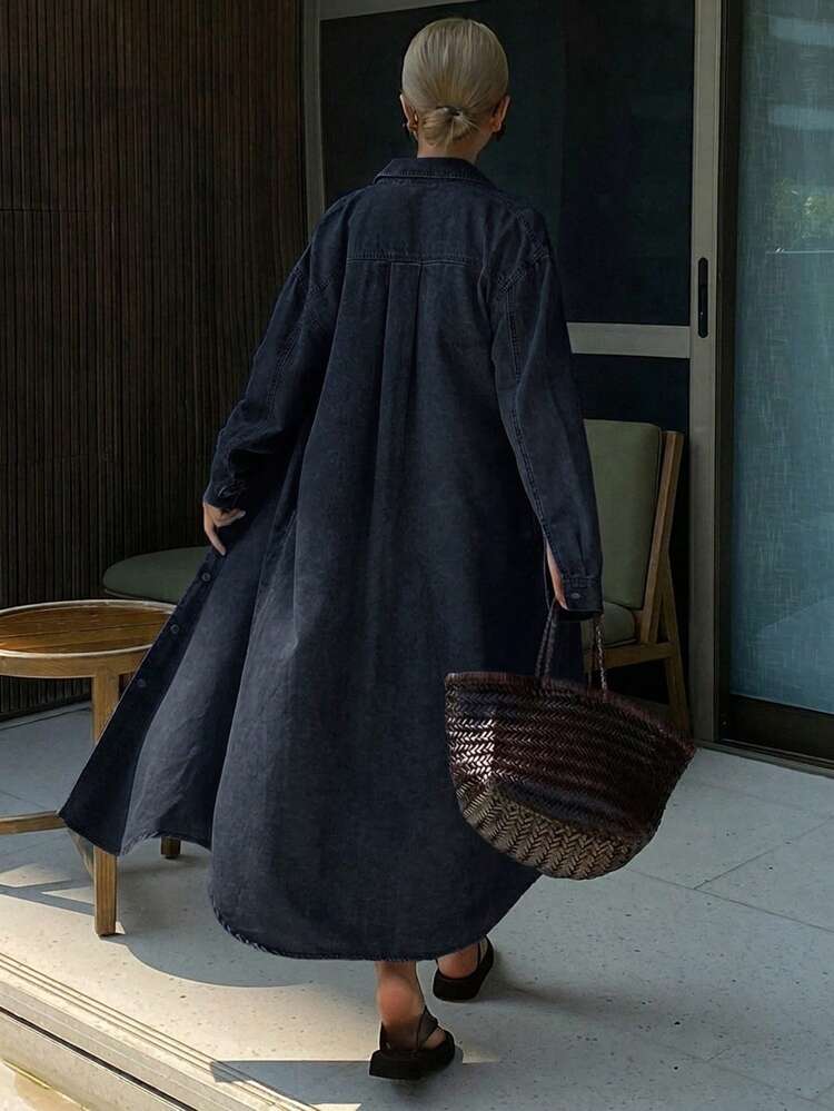 Women's Casual Washed Pocket Denim Shirt Dress