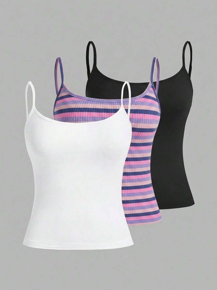 SHEIN EZwear 三件套休闲简约风黑白罗纹短款吊带背心,百搭夏季,适合度假、通勤、约会、派对、秋冬季、婚礼、海滩、毕业典礼等场合,时尚优雅,休闲百搭,适合外出、约会、预约、通勤等各种场合,闪亮亮片,优雅时尚,适合度假、休闲、Y2K风格等各种场合,适合毕业典礼等场合。 - 彩色 - 查看 1