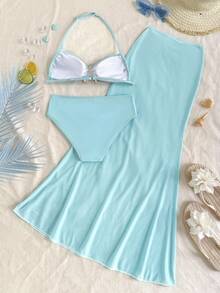 Veykashi Bộ bikini hai mảnh cỡ lớn dành cho nữ đi biển, trang trí hình sao biển kim loại, kiểu yếm, kèm áo khoác ngoài và váy ngắn. - Nhiều màu - Xem 5