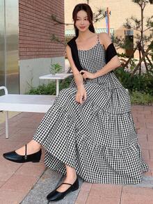 DAZY Đầm midi nữ kẻ caro xếp nếp, kiểu dáng thường ngày, thích hợp cho tiệc tùng. - màu đen - Xem 5