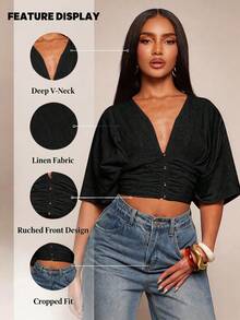 Radiana Camisa de mujer de manga corta negra de lino con mangas de murciélago, adecuada para salidas casuales, compras, viajes al trabajo, oficina, vacaciones y días festivos - Negro - Ver 6