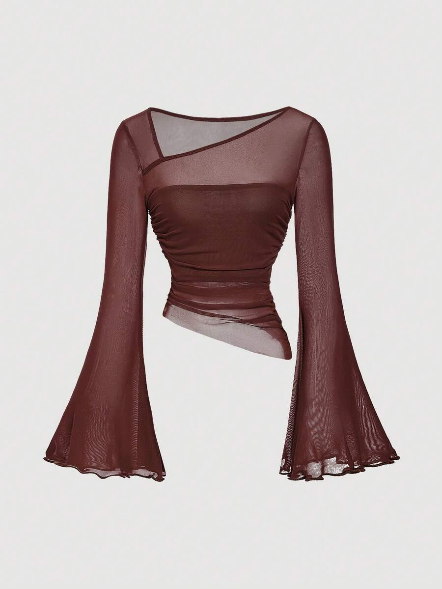 SHEIN MOD 女士棕色网眼修身喇叭袖上衣 - 棕色 - 查看 1