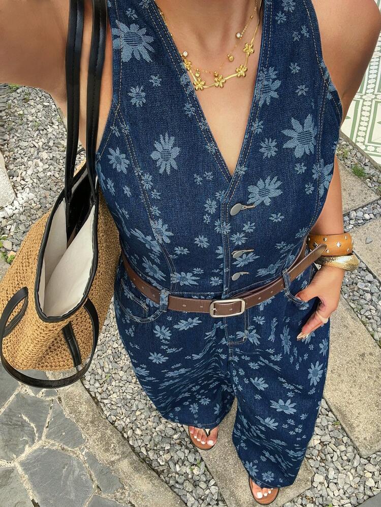 Dazy Plus All-Over Ditsy Floral Tie-Up Backless Casual Loose Wide Leg Denim Jumpsuit, Plus Size Women Spring/Summer