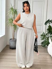 SHEIN EZwear Plus Size Women 2pcs Set - Striped Minimalist Round Neck Tank Top And Casual Pants - Black and White - View 6