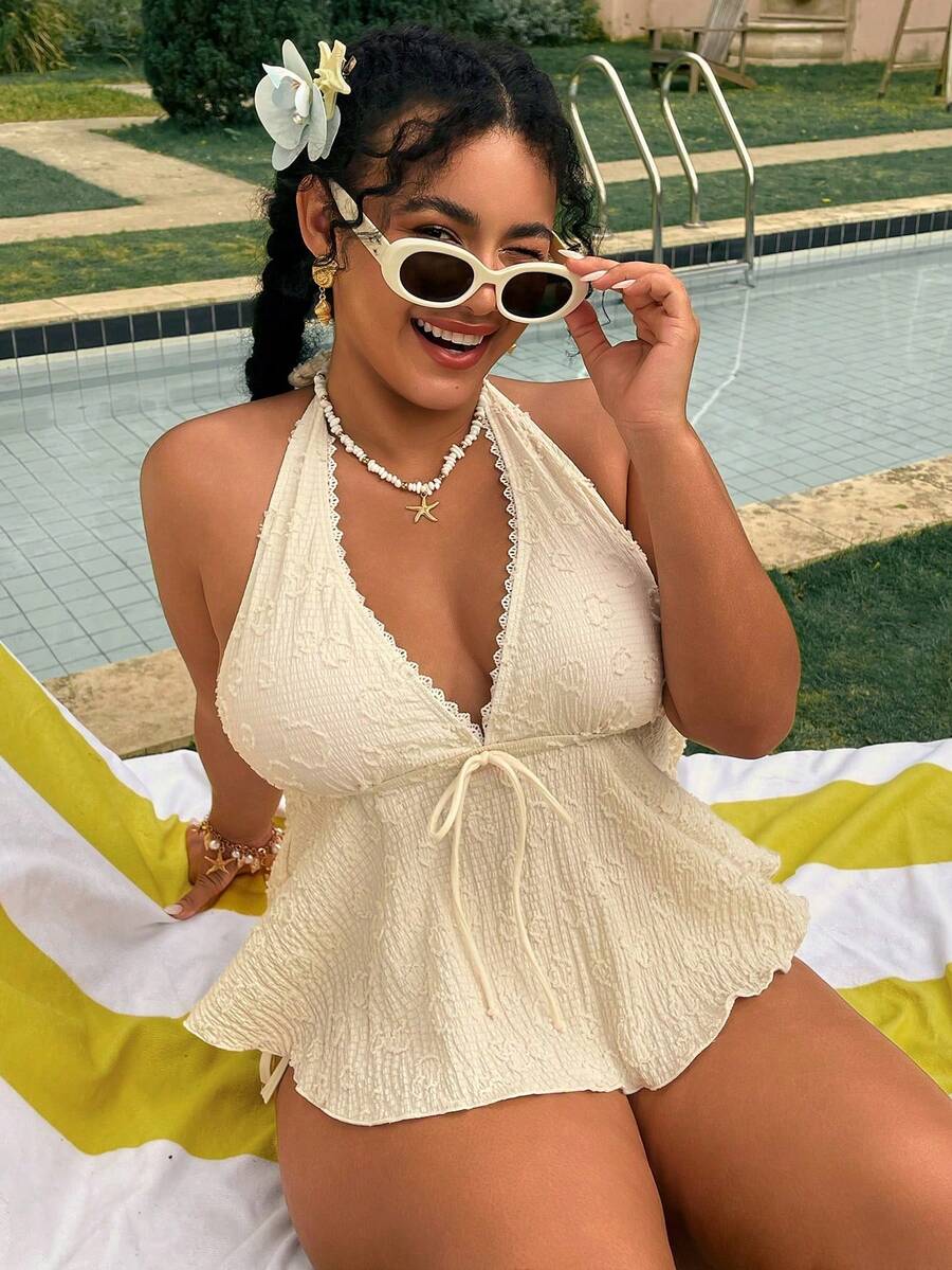 Swim Mod Set Baju Renang Tankini Halter Tanpa Punggung dengan Tali Depan Renda untuk Liburan Pantai Musim Panas Wanita Ukuran Besar Warna Pink - Aprikot - View 1
