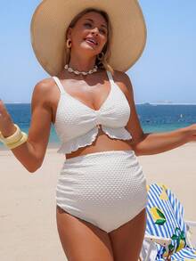SHEIN 26SS Summer Beach Vacation Textured Fabric Ruffle High Waist Maternity Swimwear 2 Pieces Set - Multicolor - View 3
