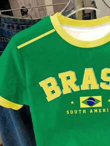女童復古 BRAZIL 字母圖案短袖修身圓領 T-Shirt，對比領口，夏季運動休閒簡約款 - 彩色 - 查看 5