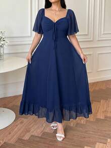 Vibekara Plus Size Casual V-Neck Ruffle Sleeve A-Line Dress, Elegant And Comfortable For Outings - Navy Blue - View 5