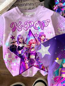 Set de 3 camisetas básicas de manga corta con cuello redondo, estampado de retrato de niña minimalista y degradado colorido, apropiadas para primavera/verano, para niñas preadolescentes - Multicolor - Ver 4