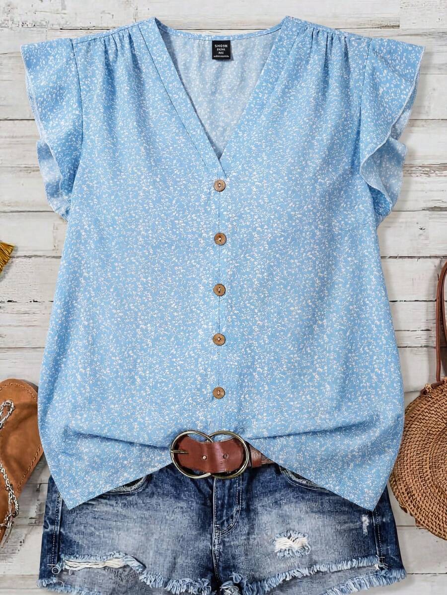 SHEIN Clasi Áo kiểu nữ cỡ lớn in hoa, cổ chữ V, tay ngắn, cài cúc, thích hợp cho mùa hè, xuân, nghỉ lễ và đi chơi.