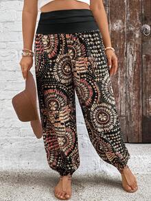 SHEIN PETITE CURVE Pantalones holgados de cintura alta con estampado floral para mujer de talla grande - Multicolor - Ver 10
