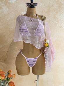 Soleia Bộ bikini tam giác dệt kim kẻ sọc mới kèm áo khoác ngoài - Nhiều màu - Xem 6