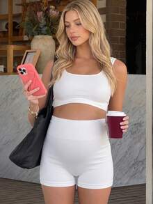 SHEIN Maternity Solid Color Cropped Tank Top And Sports Shorts Set,Word Cup - White - View 1