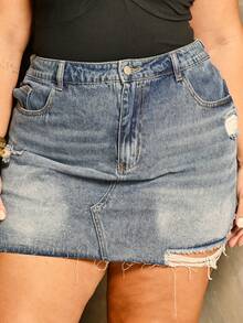 Lele Munniz Minifalda vaquera con volantes en el bajo y rotos, talla grande, casual - Lavado ligero - Ver 3