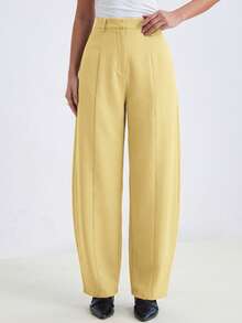 Aveloria Modichic Pantalones de pierna acampanada y cintura alta, con confección a medida, estilo minimalista moderno, adecuados para el lugar de trabajo, negocios y ocasiones casuales, diseño clásico de pierna recta, con bolsillos laterales, tela resistente de mezcla de poliéster o lana, buen drapeado y comodidad. Palabras clave: Pantalones de cintura alta, corte holgado, pierna recta, pantalones de trabajo, pantalones de traje negro, pantalones de vestir casual, para todas las estaciones, minimalista moderno, esencial de oficina. Pantalones de cintura alta minimalistas, silueta estilizada, aspecto elegante. - Amarillo - Ver 1